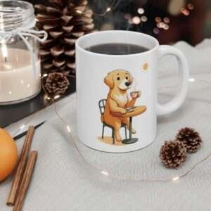 A white mug featuring an illustration of a dog drinking a hot beverage