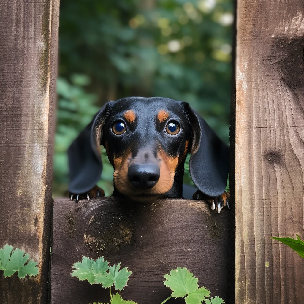 A Dachshund peering through a gap in a fence