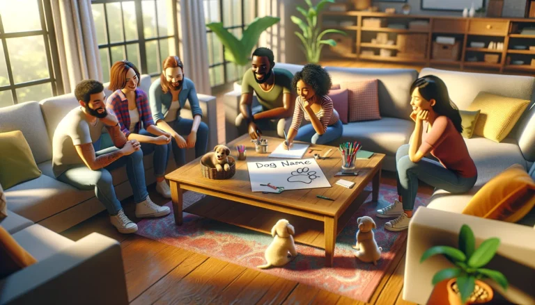 A photorealistic image of a happy, diverse family sitting in their living room, brainstorming dog names together. They are gathered around a coffee table with a notepad, pens, and a single puppy in the centre.