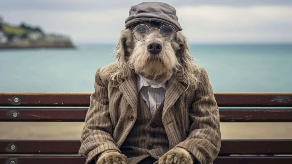 A dog dressed as a human grandad, sitting on a seafront bench.