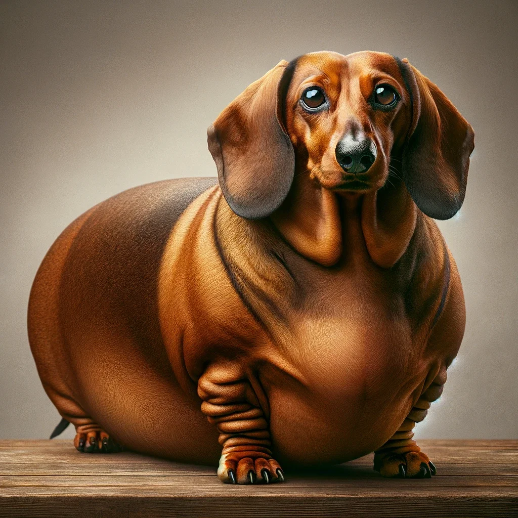 An illustration of a hugely overweight dachshund - its stomach touches the floor.