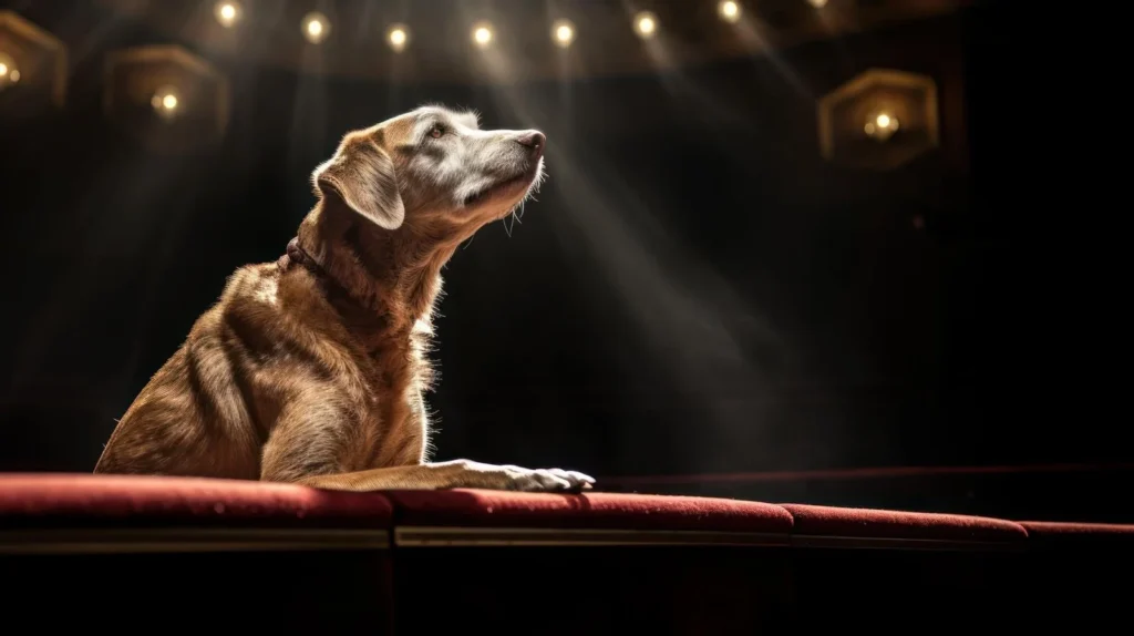 An old dog photographed with its paws on a stage. Spotlights beam down on him or her.