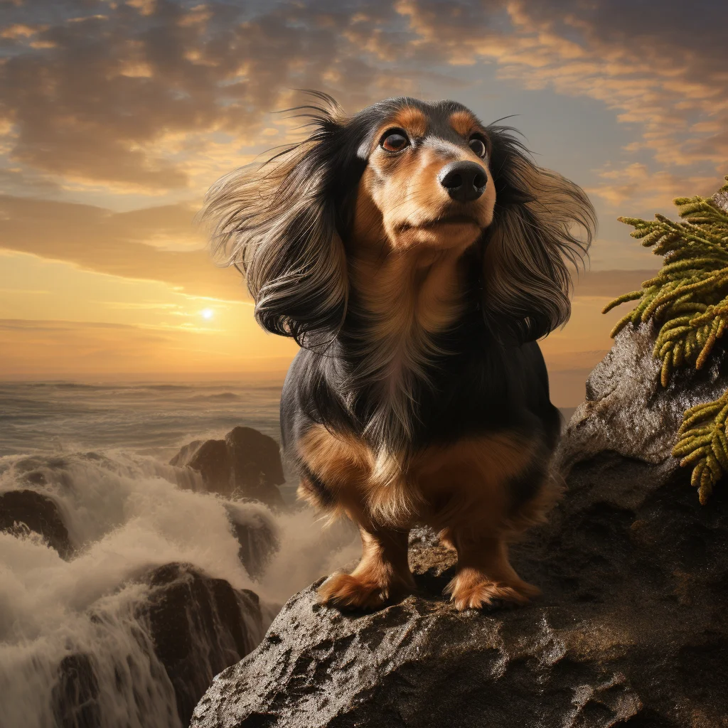 A long-haired dachshund standing on a cliff top with a stance which suggests bravery.
