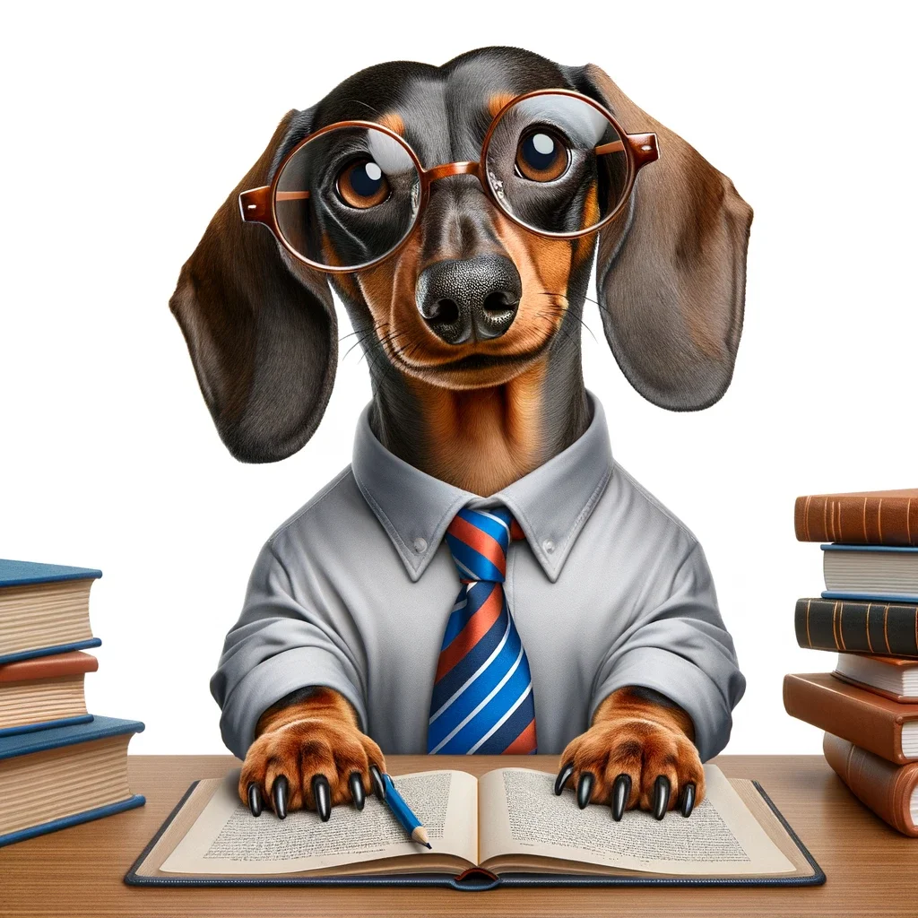 An illustration of a dachshund dressed as a stereotypical academic human - wearing a smart suit and tie, with circular spectacles.  