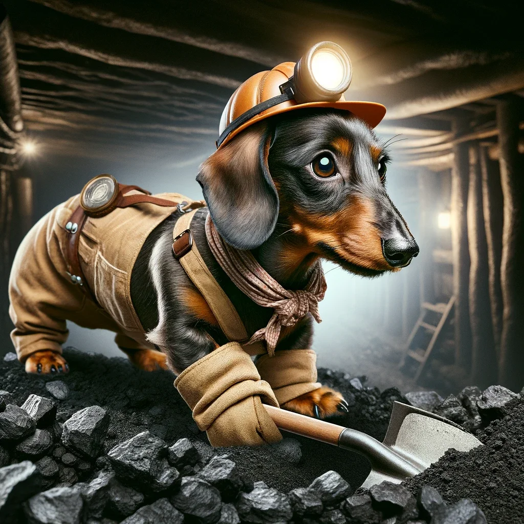 An illustration of a dachshund dressed as a human miner in a coal mine. He has a helmet with a light on, and a shovel in his paw.