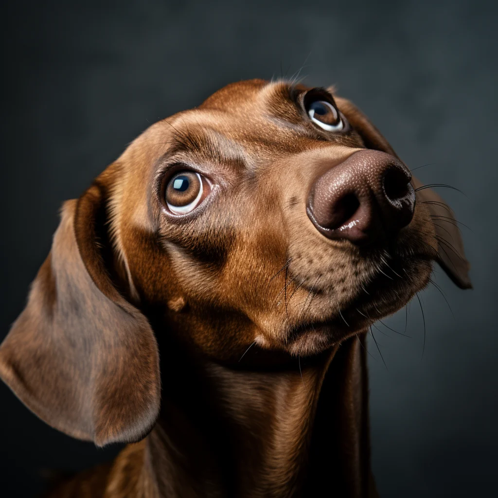 A  close up head shot of a brown dachshund looking upwards with a tilted head. 