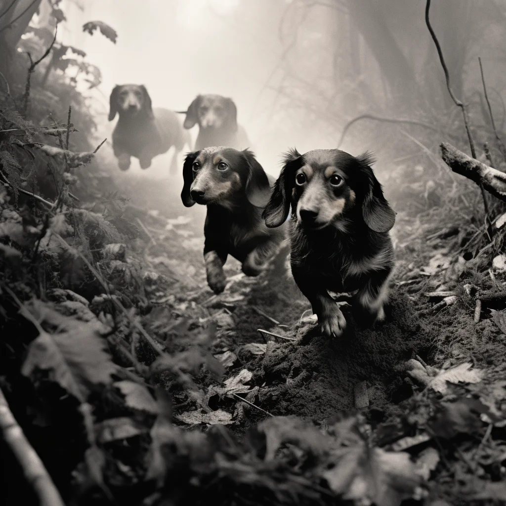 A black and white photograph of four dachshunds navigating a woodland path, They appear to be tracking something,
