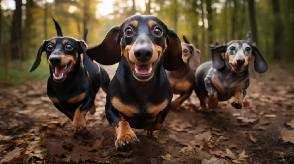 four dachshunds running along a forest path towards the camera