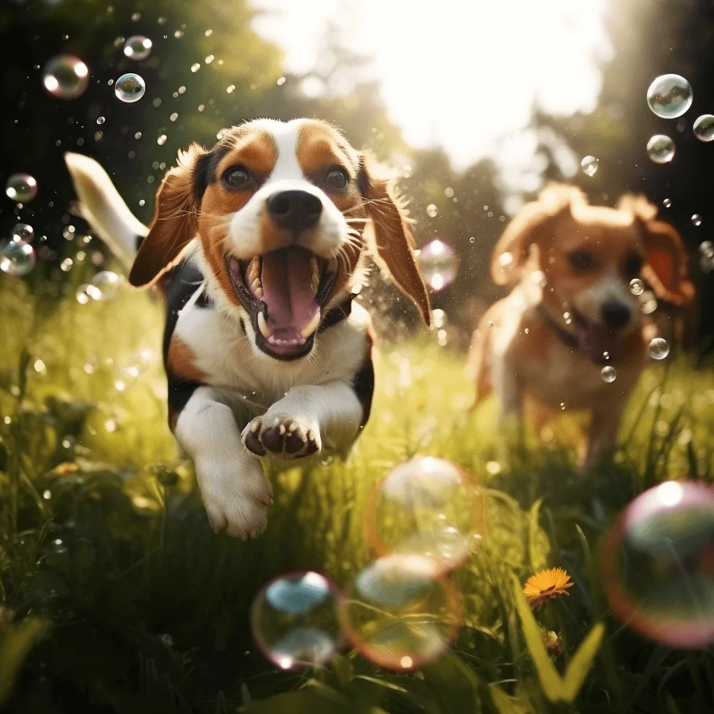 Two dogs chasing bubbles through summer grass. The camera angle is at face level with the dogs.