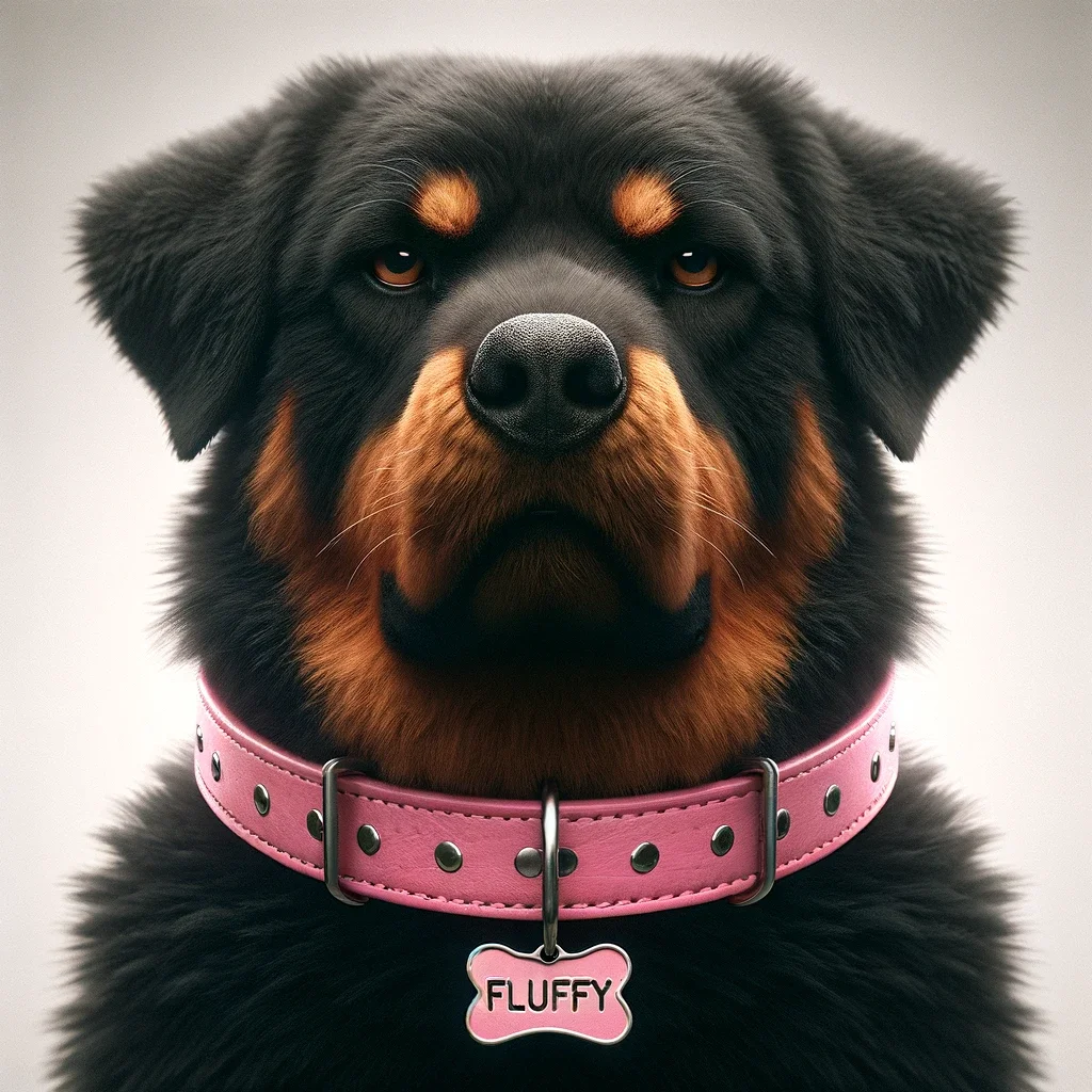 A photorealistic image of a large, fierce-looking dog, wearing a bright pink collar. The collar has a tag with the name 'Fluffy' inscribed on it. 