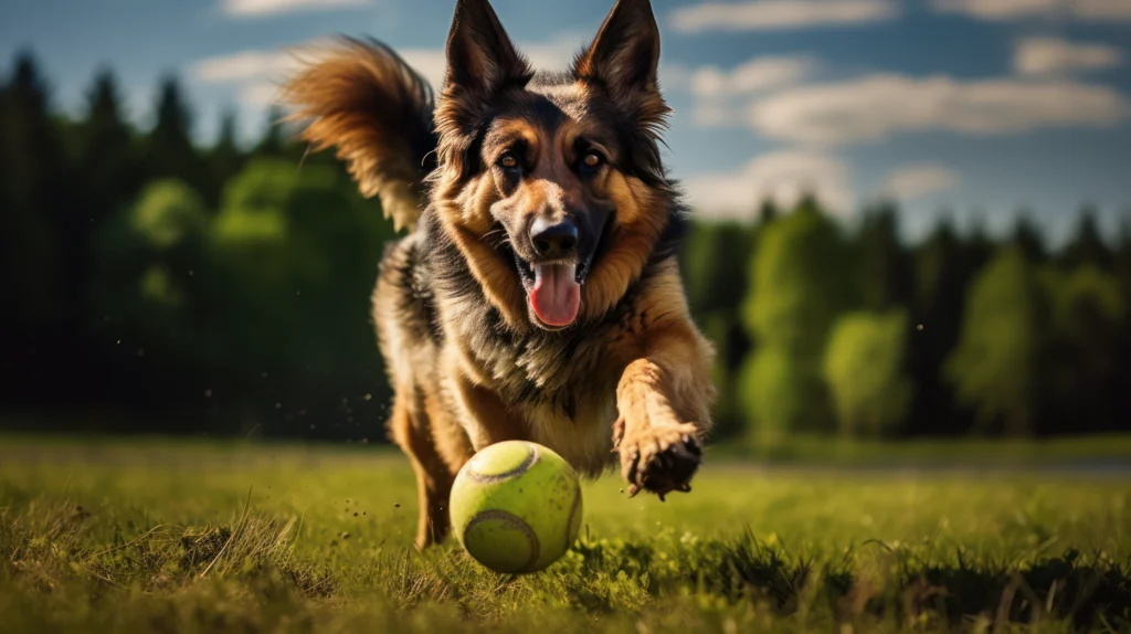 A low-angle shot of a German shepherd dog running after a tennis ball.