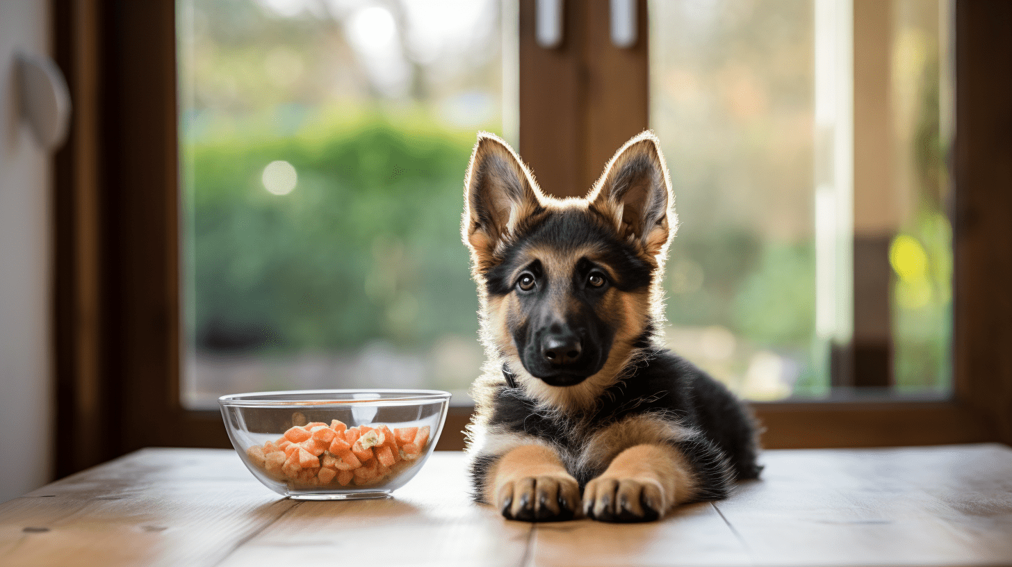 A German Shepherd puppy lying alongside a glass bowl of food.