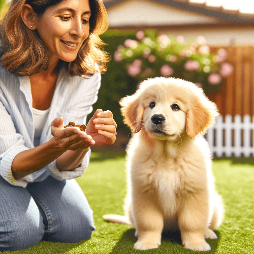Golden retriever puppy learning the sit command. Illustration