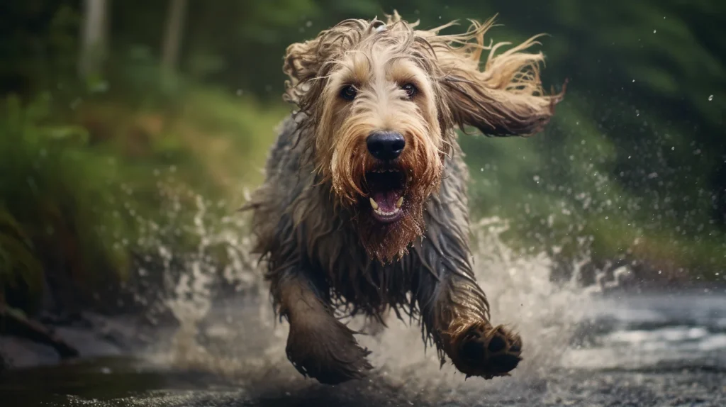 Photo-realistic image of an Otterhound dog running through water towards the viewer.