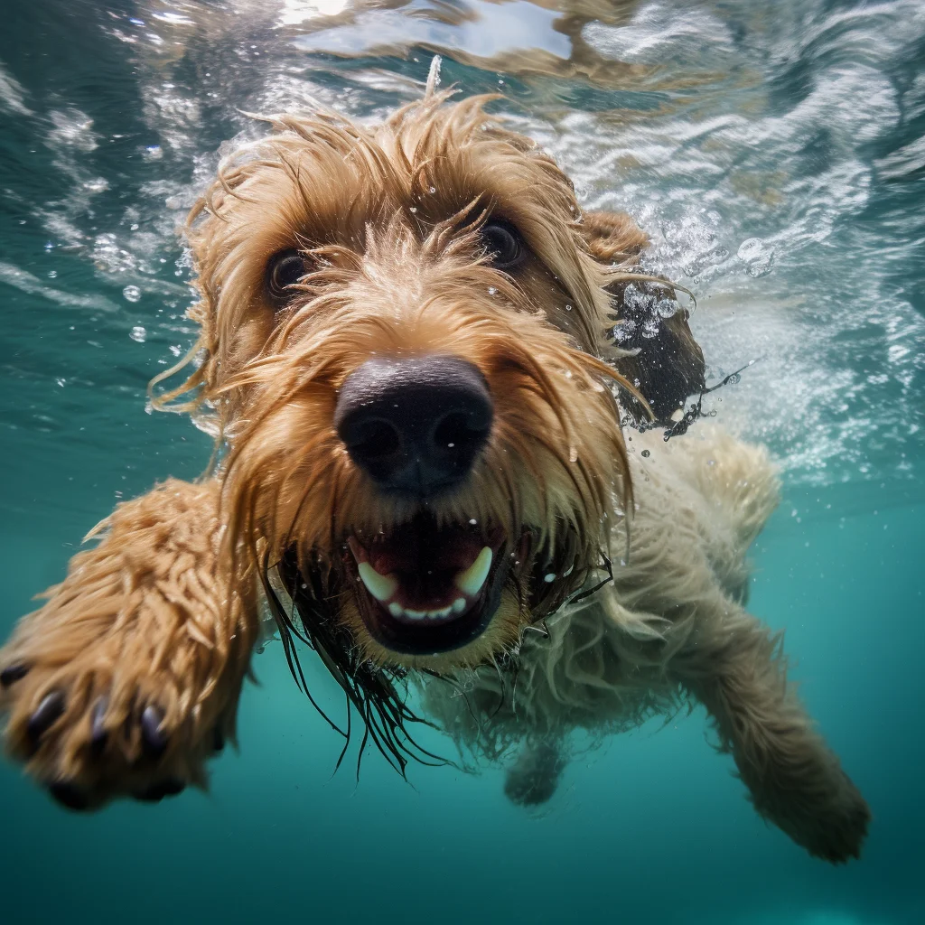 An image of an otterhound dog swimming underwater towards the camera.