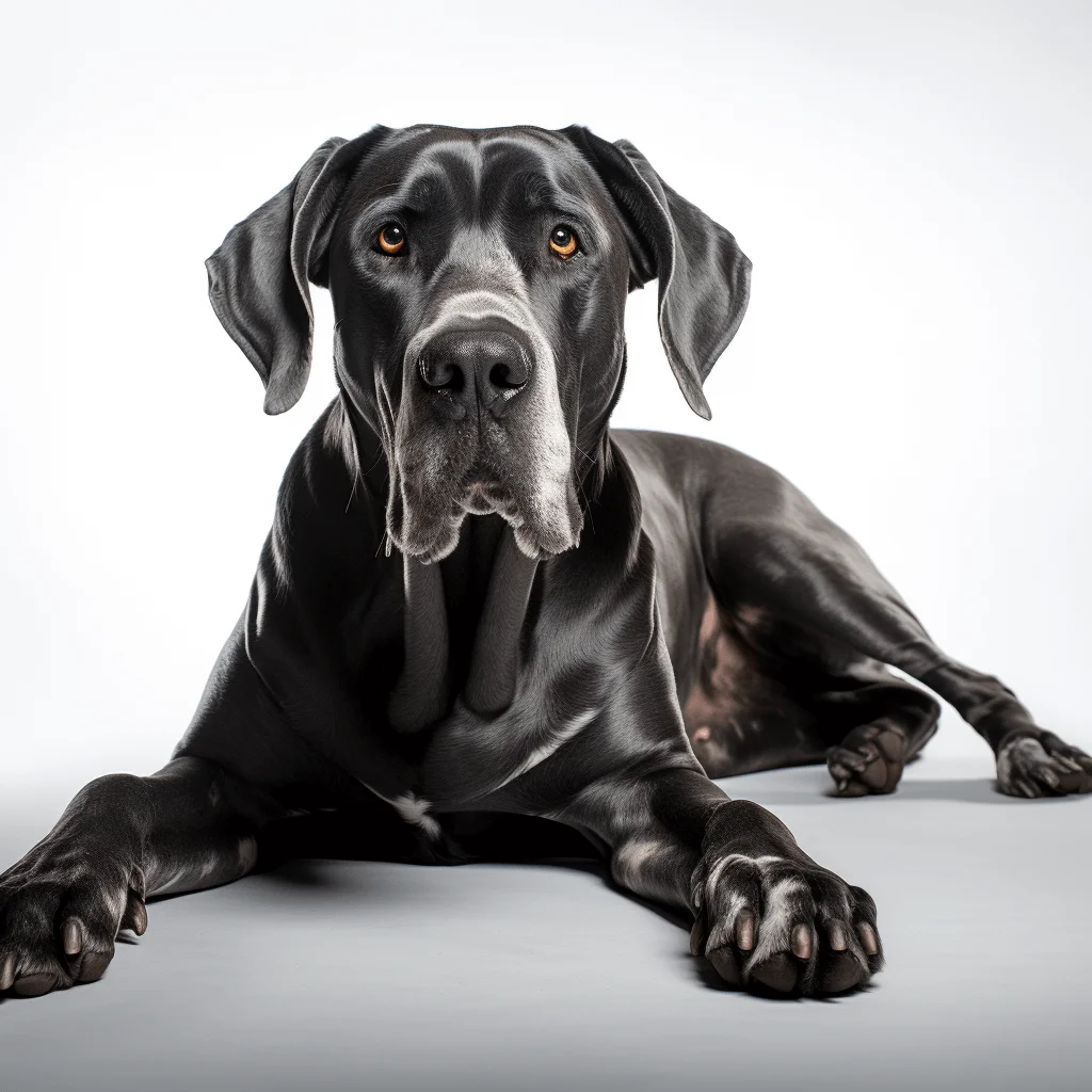 Photo realistic illustration of a Great Dane dog lying down. The dog is illustrated on a white background.