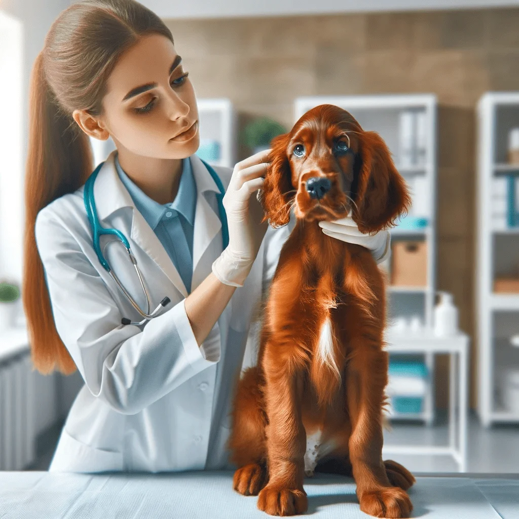 photo-realistic image of a veterinarian examining a red setter puppy in a clinic, with the vet gently checking the puppy's ears and the puppy looking calm, in a bright and clean veterinary office