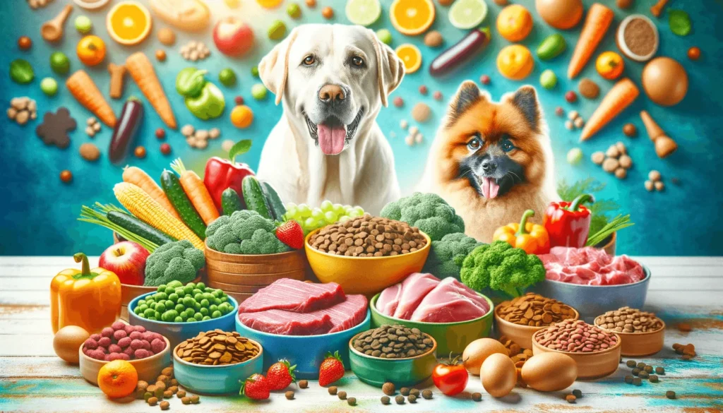 An illustration of two dogs sitting before a table heaving with food - all a part of a balanced canine diet.