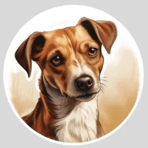 A circular sticker featuring an illustration of a Jack Russell dog.