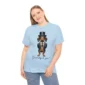 Woman wearing blue dachshund t-shirt