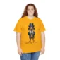 Woman wearing gold coloured sausage dog t-shirt