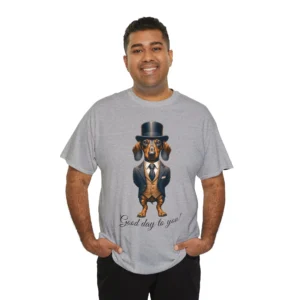 Man wearing a Grey T-shirt featuring a dachshund dressed as a lord