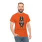 man with beard wearing an orange funny sausage dog t-shirt