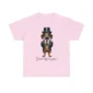 Pink sausage dog t-shirt featuring a dachshund dressed as a distinguished gentleman