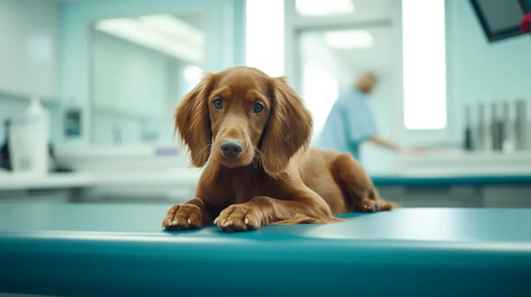 A red setter puppy laying on a vet's examination table