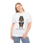 Woman wearing a white funny sausage dog t-shirt