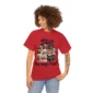 Woman wearing red, dog themed t-shirt