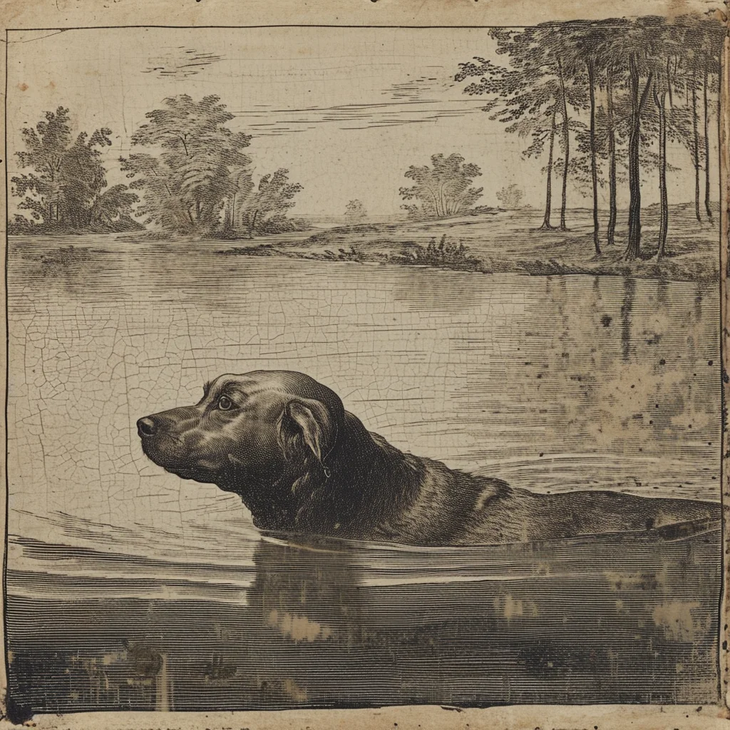 An old black and white sketch style image of  a dog swimming. The image shows a lot of wear and tear.