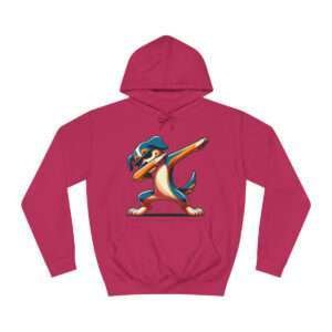 A pink hoodie featuring a colourful illustration of a dabbing dog wearing sun glasses.