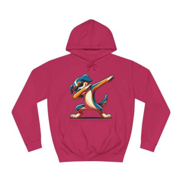 A pink hoodie featuring a colourful illustration of a dabbing dog wearing sun glasses.
