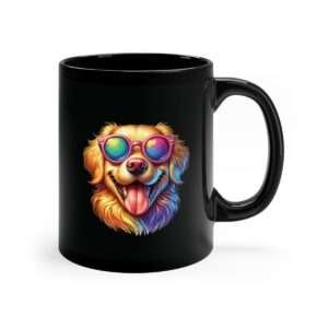 A black mug featuring an image of a colourful golden retriever dog wearing sunglasses.