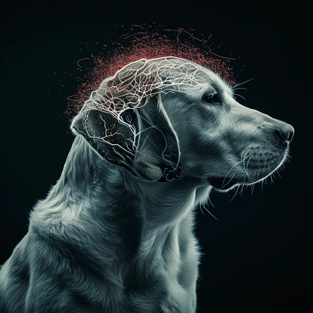 An side shot of a dog's head which shows electrical circuits and sparks suggesting the dog is using brain power. 
