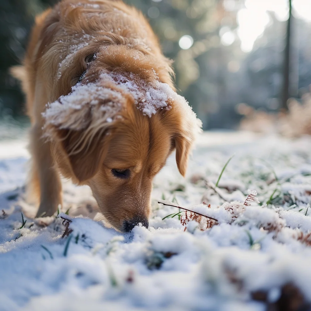 A photograph of a sandy coloured dog  smelling the floor in a snowy landscape.