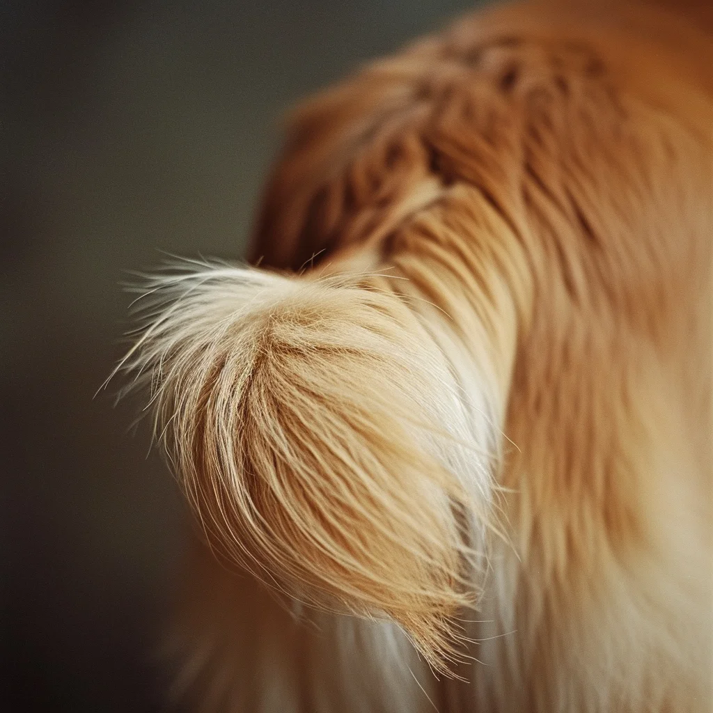 A close-up photograph  of a dog's tail, The dog appears to be a golden retriever.