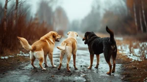 Three dogs with their rears to the viewer. They are standing on a muddy forest track.