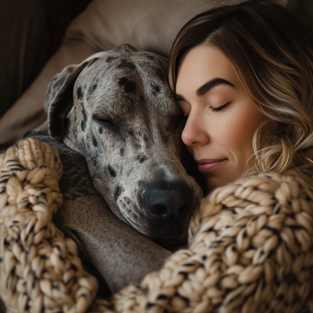A great dane dog cuddling with his female owner.