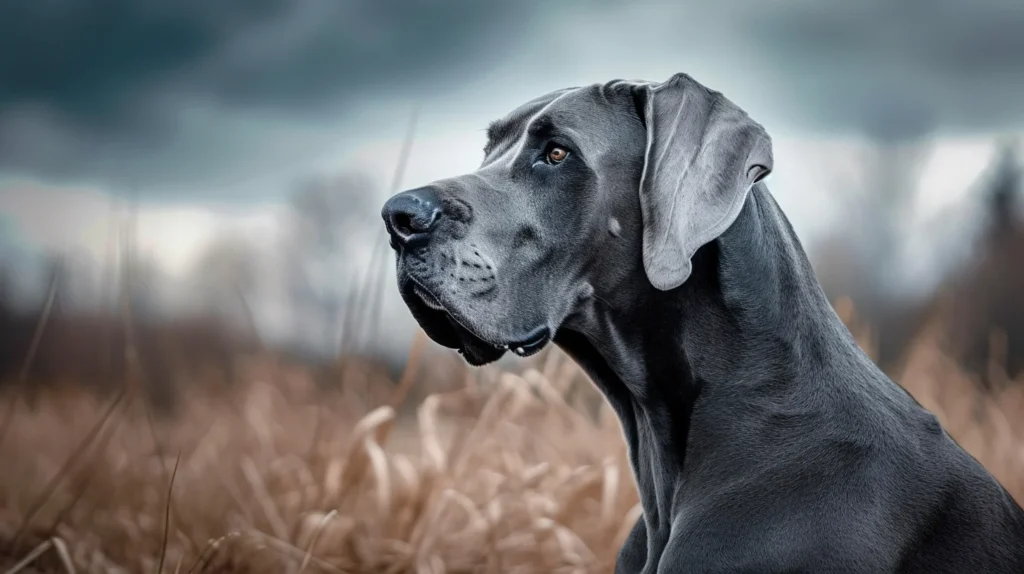 Headshot of a great dane dog gazing out across the countryside.