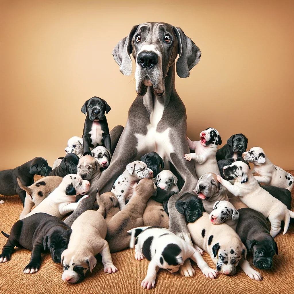 A great dane mother with lots of puppies. She has a comically shocked look on her face.