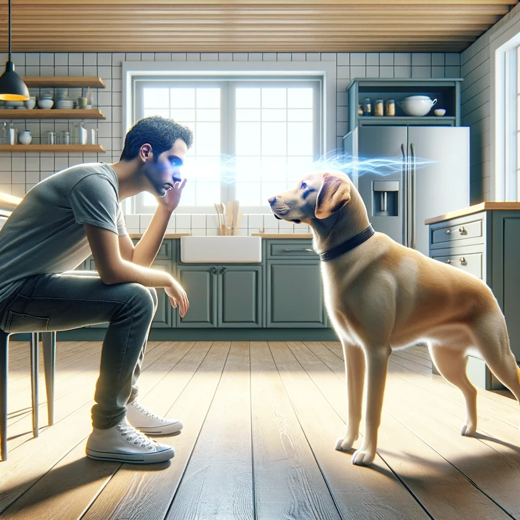 A man sitting on a kitchen chair staring at a dog. Electrical signals are seen bridging the gap between them, as if the man is telepathically communicating with the dog,