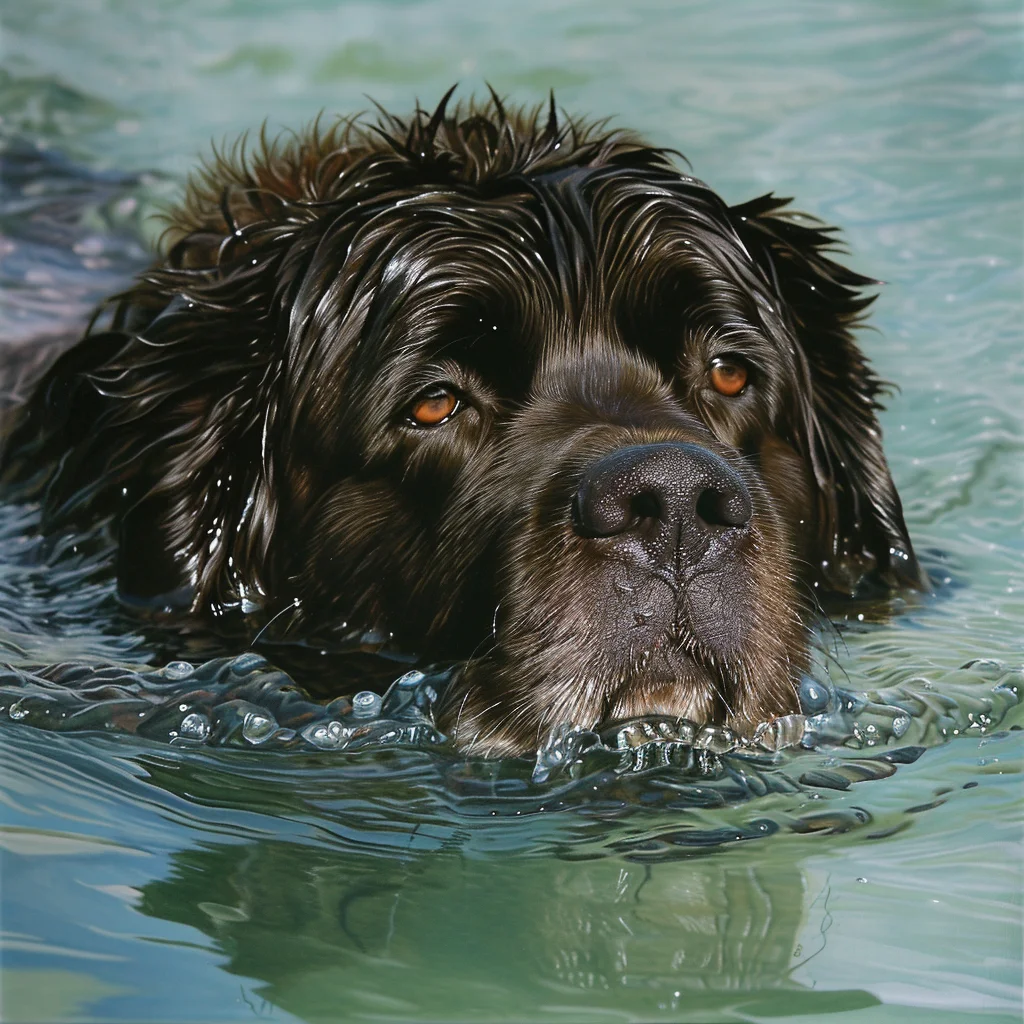 A black Newfoundland dog swimming. Only its head is visible above the water.