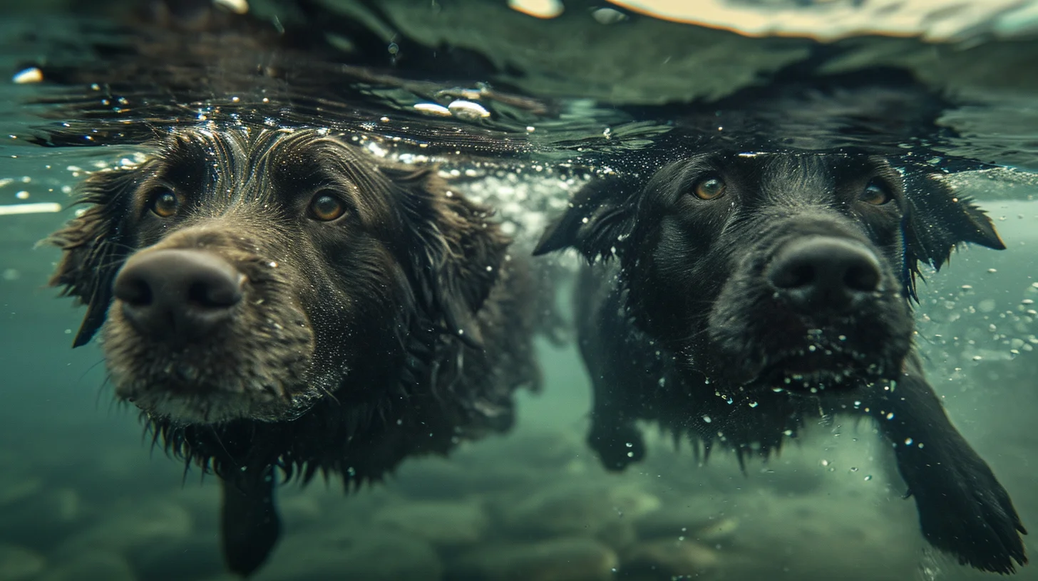 Two dogs swimming underwater. They are side by side and swimming towards the viewer.