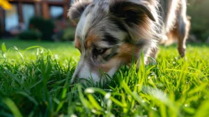 Photograph of a dog eating grass in a garden. It is a close-up shot of its head.