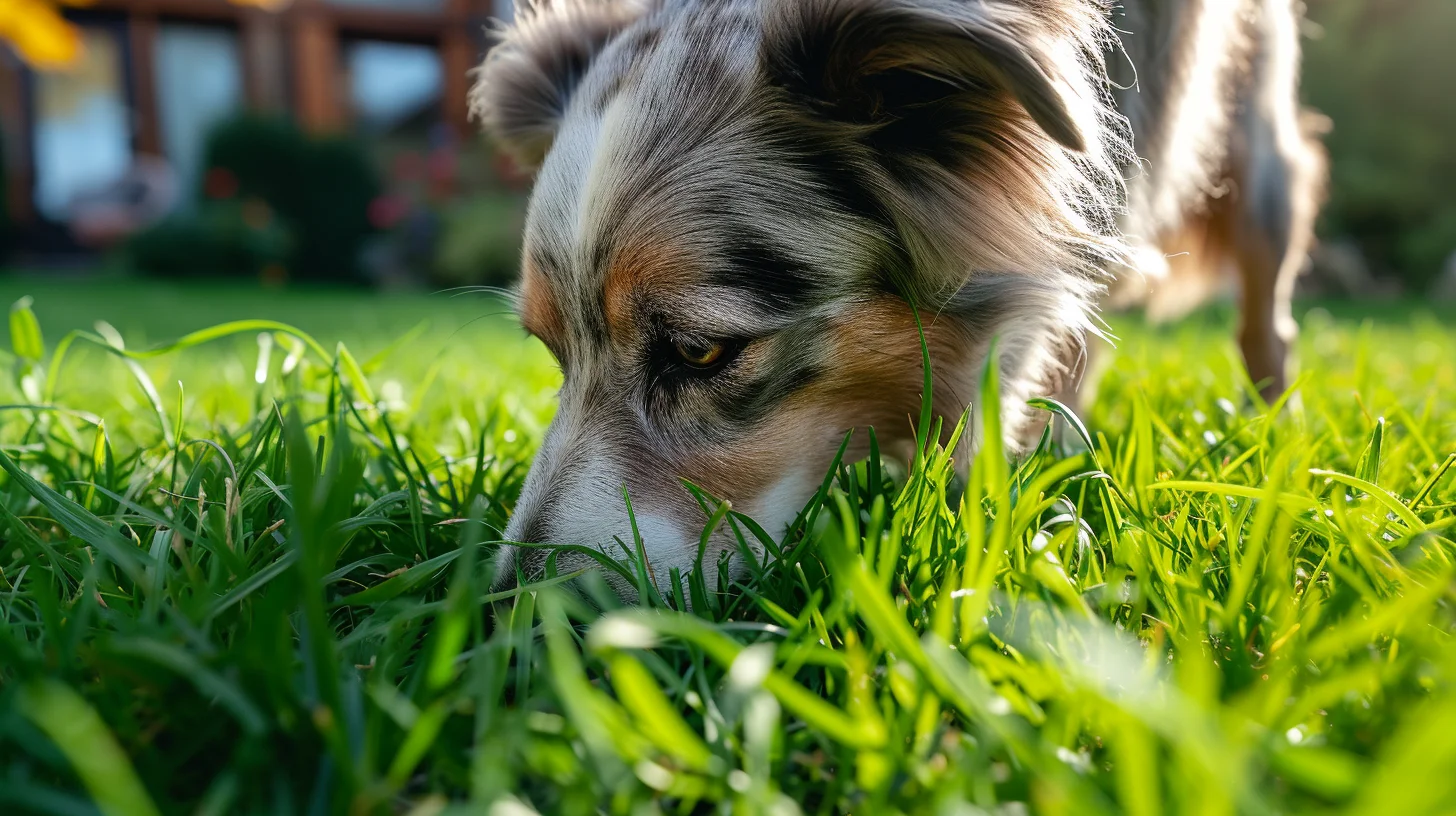 Photograph of a dog eating grass in a garden. It is a close-up shot of its head.