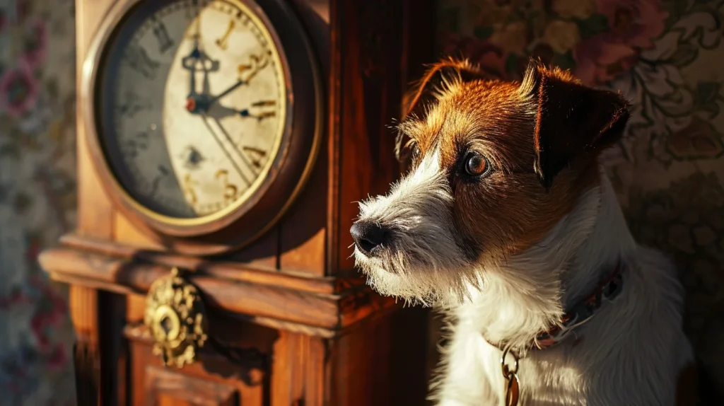 A jack Russell dog sitting beside a grandfather clock.