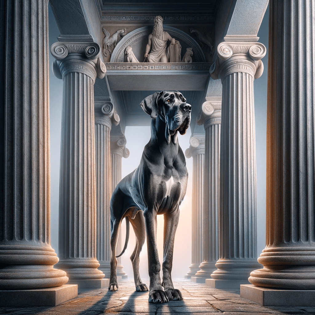 An illustration of a great dane dog in a hall surrounded by pillars. A statue of Apollo the God overlooks.
