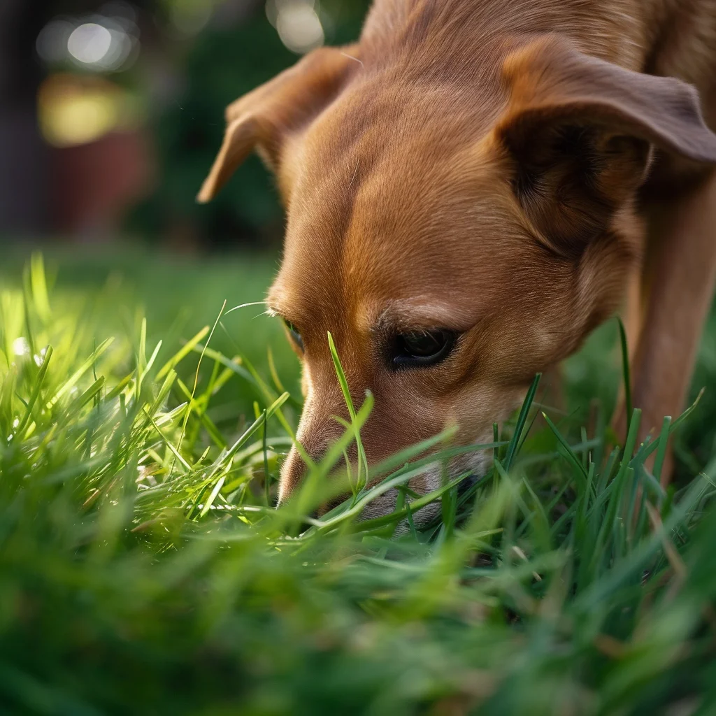 A photograph of a dog eating grass in a garden